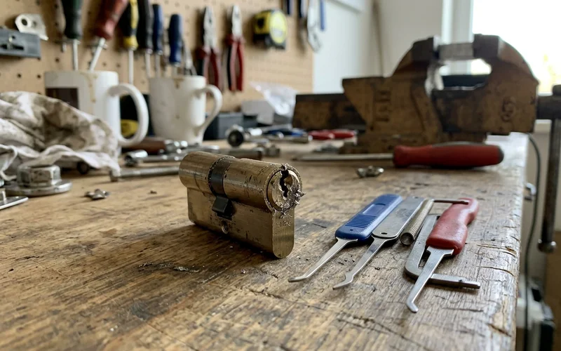 Drilled cylinder beside intact picking tools