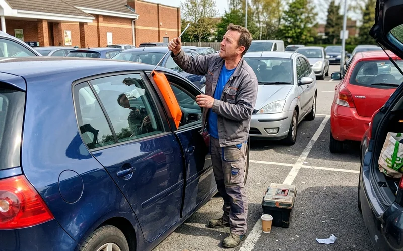Air wedge and reach tool being used on a car door
