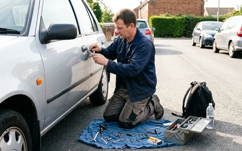 Auto locksmith working at the roadside