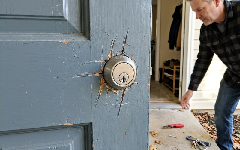 Drill damage around a badly fitted door cylinder
