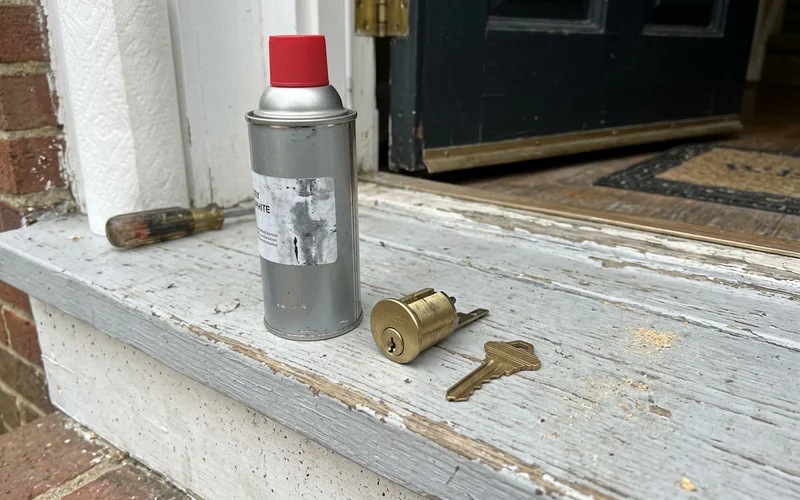 Dry graphite lubricant used correctly on a door cylinder