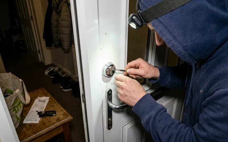 Non-destructive entry tools being used on a euro cylinder at night
