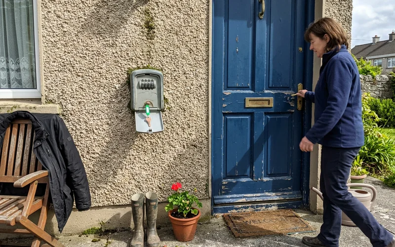 Coded key safe mounted beside a door