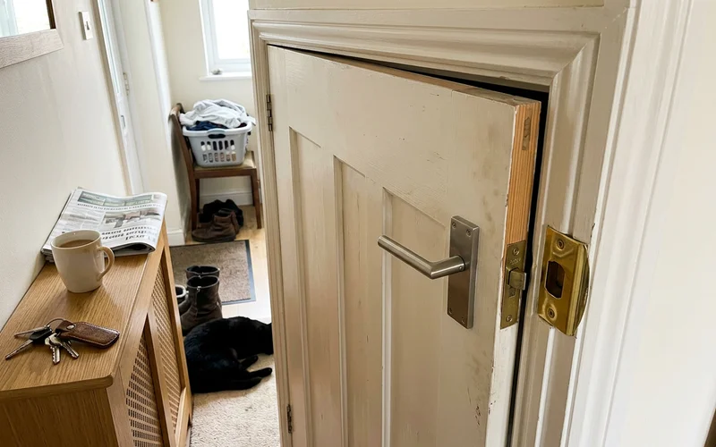 Misaligned door and strike plate causing a stiff lock