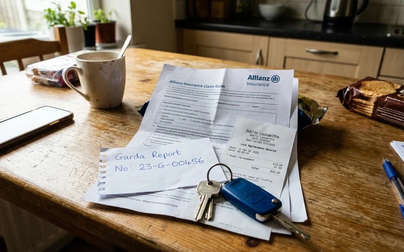 Insurance paperwork, receipt and report number on a table