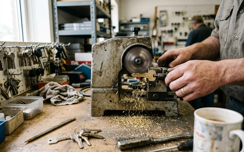 House key being cut on a machine