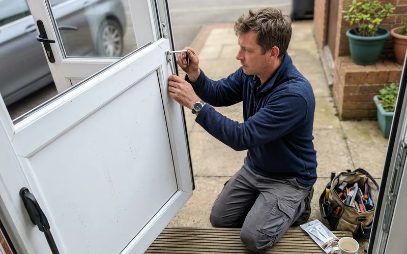 Hinge being adjusted to correct a dropped UPVC door