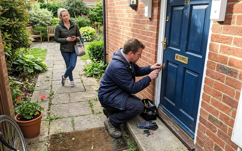 Locksmith opening a front door while the homeowner waits
