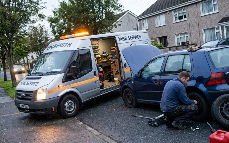 Mobile locksmith van at a roadside car lockout