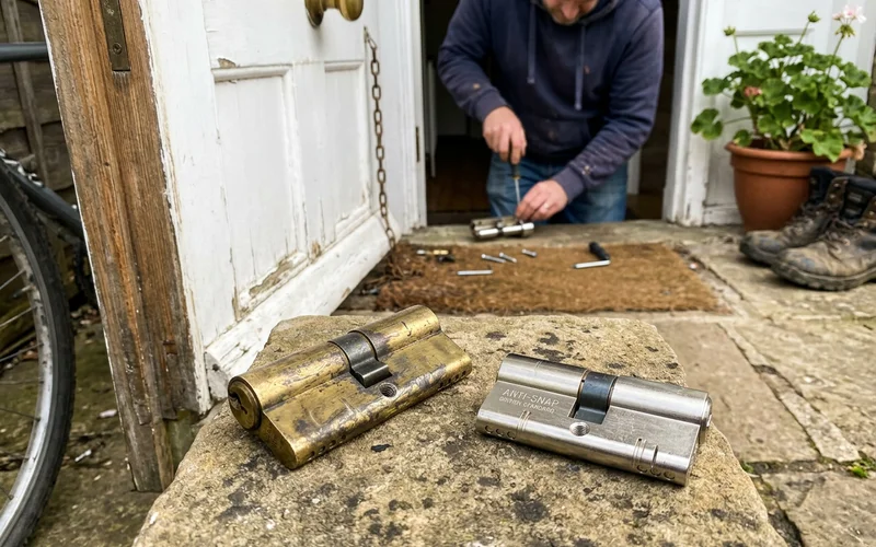 Worn cylinder beside a new replacement lock