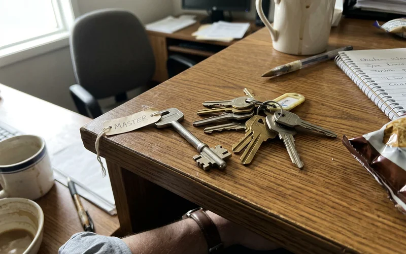 A master key beside individual door keys