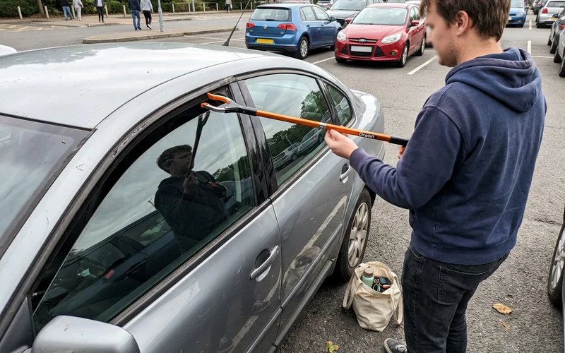 Reach tool being guided towards a car's interior lock button
