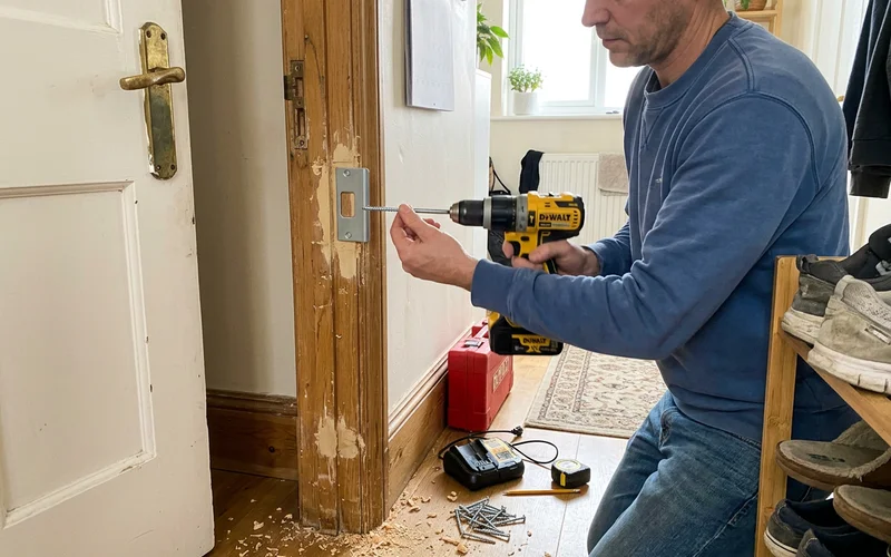 Reinforced strike plate fitted during a break-in repair