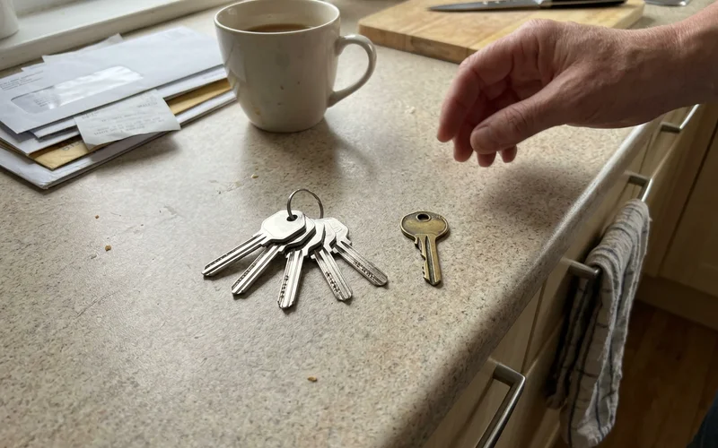 Freshly cut spare keys beside the original