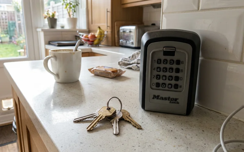 Spare keys and a key safe on a kitchen counter