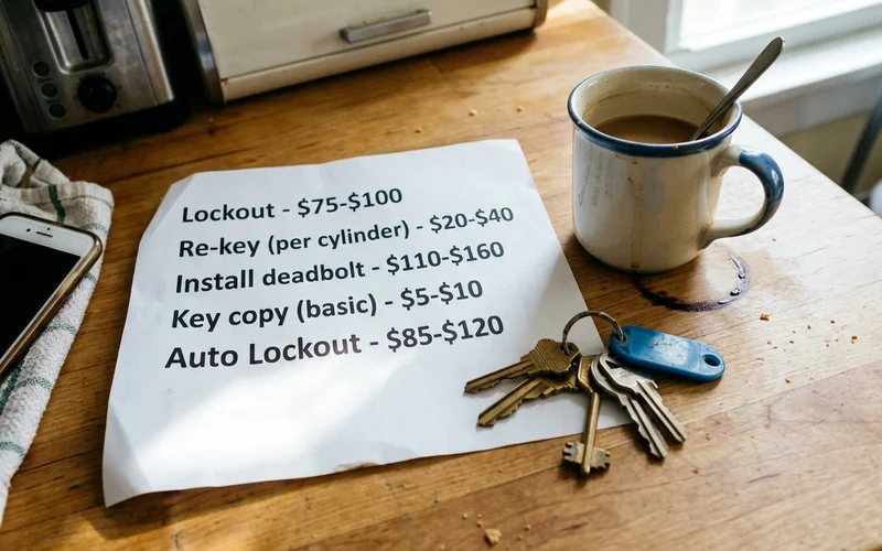 Printed locksmith price list on a kitchen table