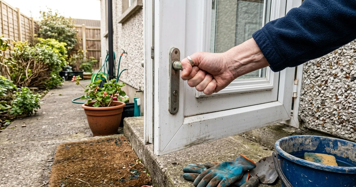 Hand struggling to lift a stiff UPVC door handle