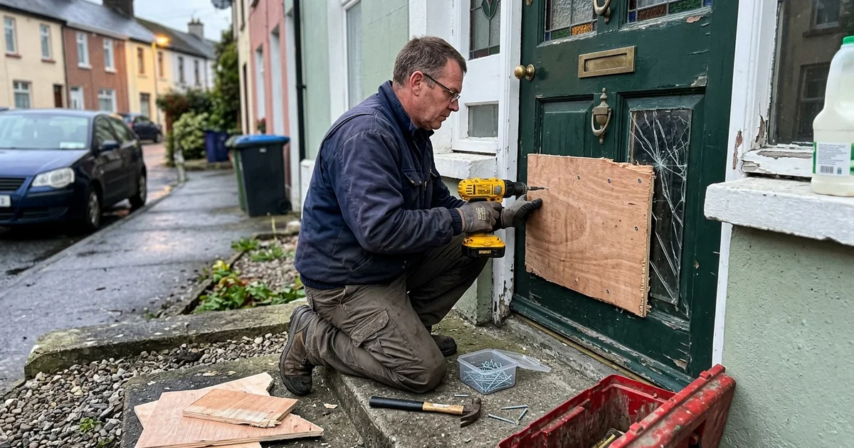 Locksmith boarding up a damaged door in the evening