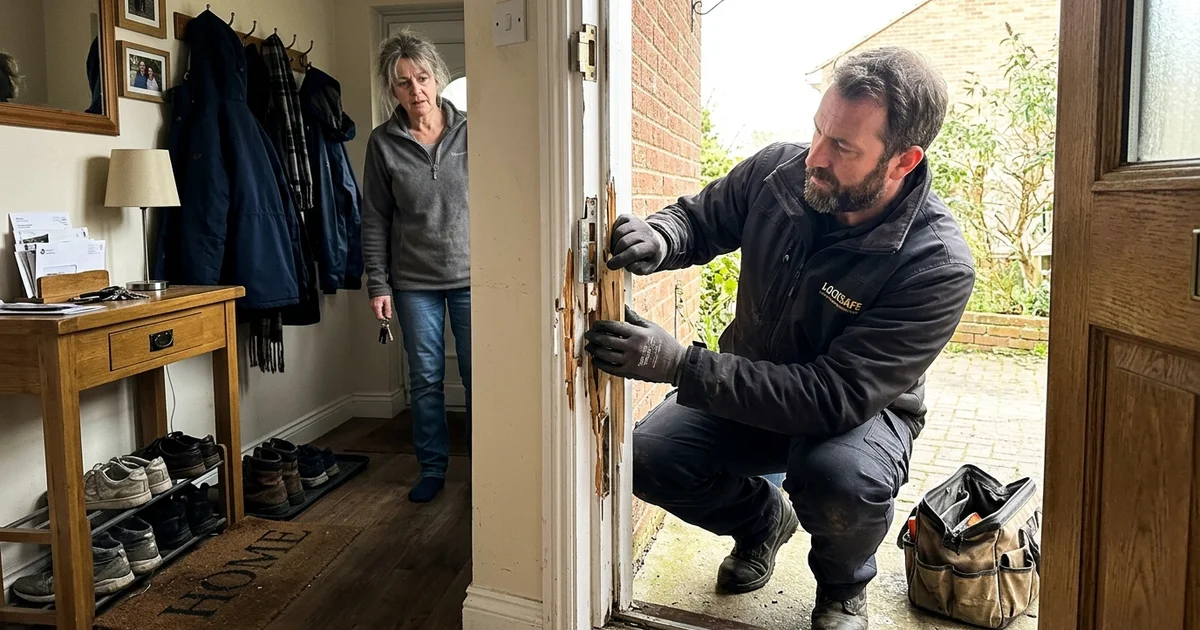 Locksmith inspecting a damaged front door after a break-in