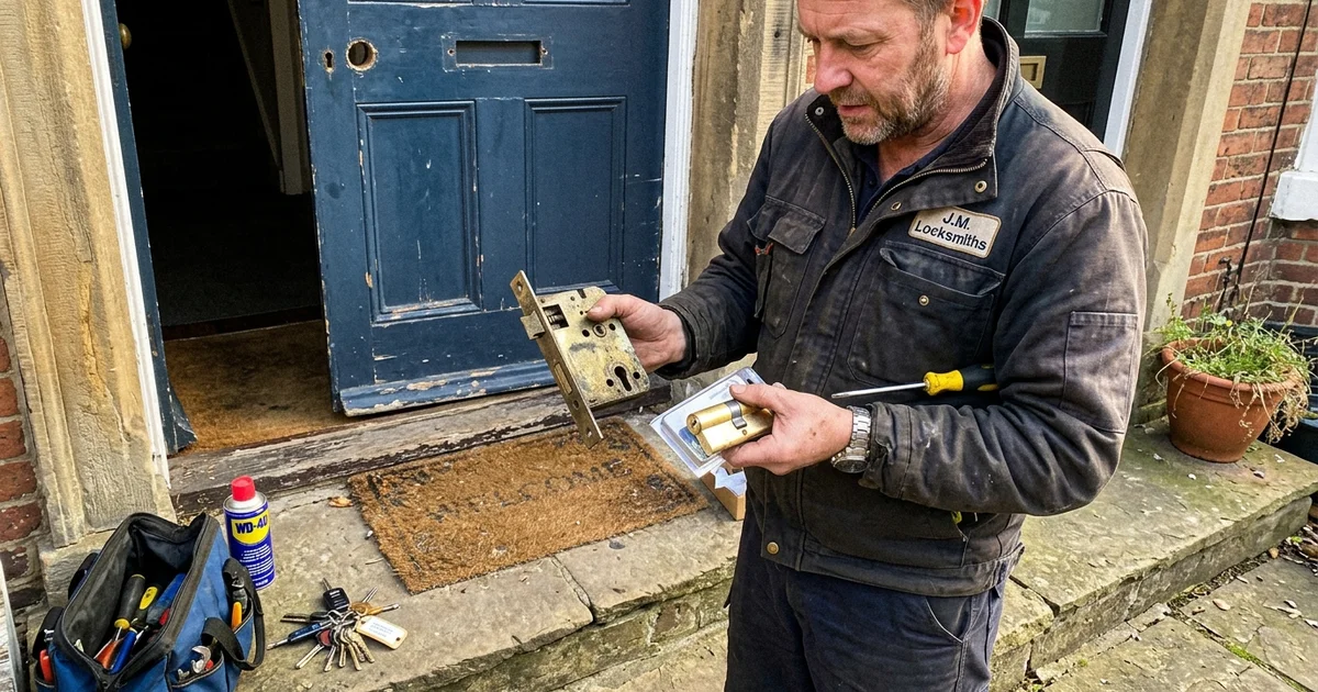 Locksmith weighing up repairing or replacing a lock