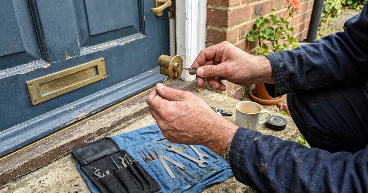 Locksmith using lock picking tools on a house door cylinder