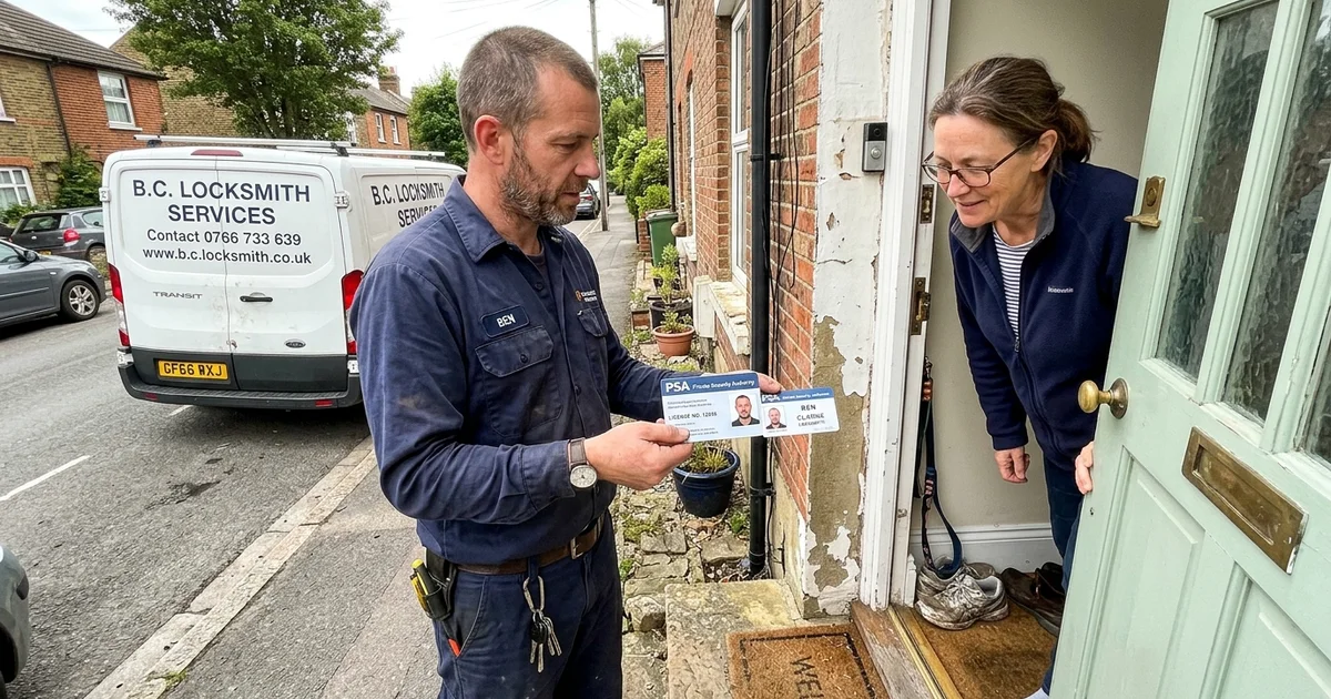 Locksmith showing identification at a Waterford front door