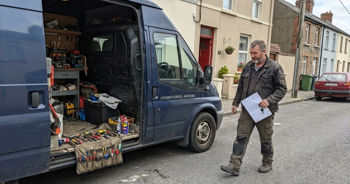Locksmith arriving at a Waterford house with a tool bag