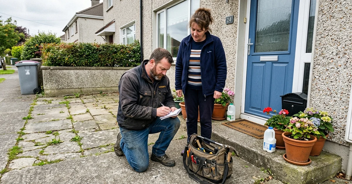 Locksmith writing a written quote at a customer's door