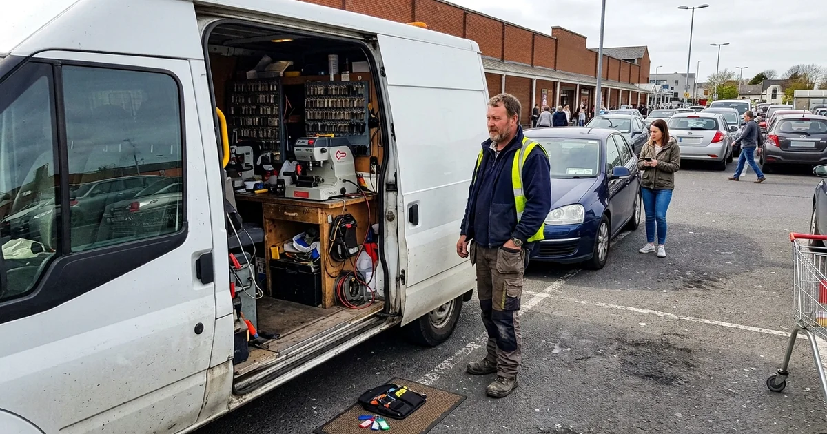 Mobile auto locksmith working on a car in a Waterford car park
