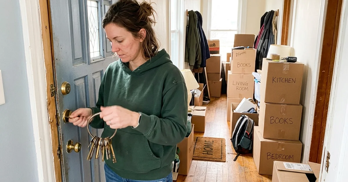 New homeowner with moving boxes holding house keys