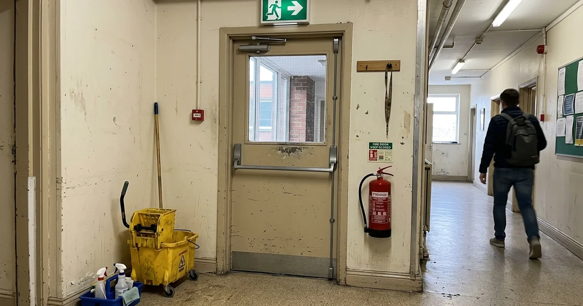 Panic bar hardware on a commercial fire exit door
