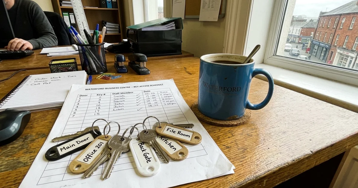 Labelled master key set on a desk in a Waterford office