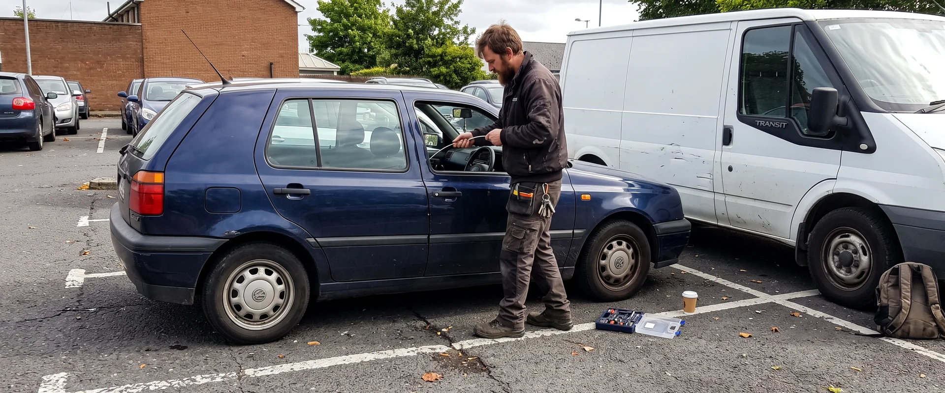 Auto locksmith opening a car door in a Waterford car park