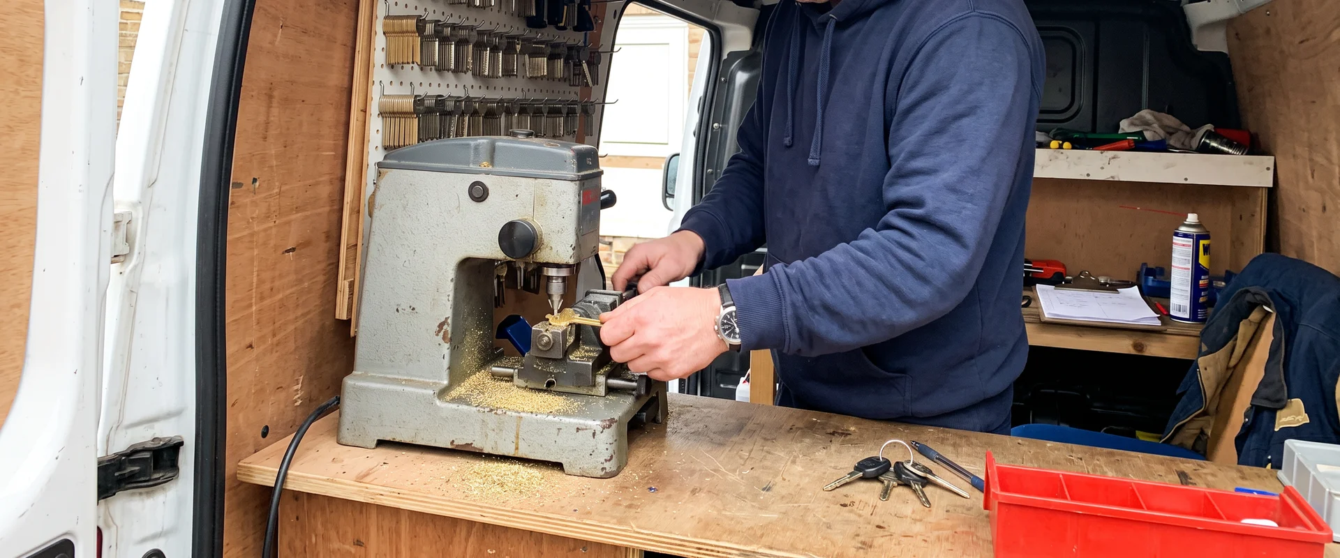 Key cutting machine in the Emergency Locksmith Waterford van