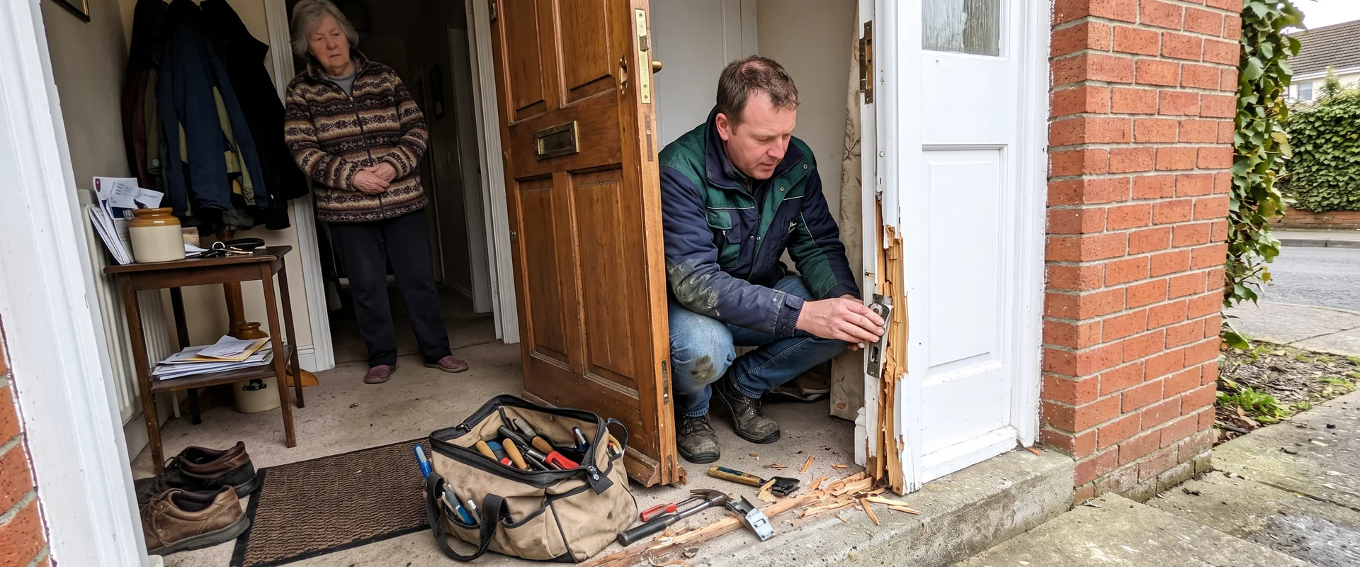 Locksmith assessing a forced door frame after a break-in in Waterford