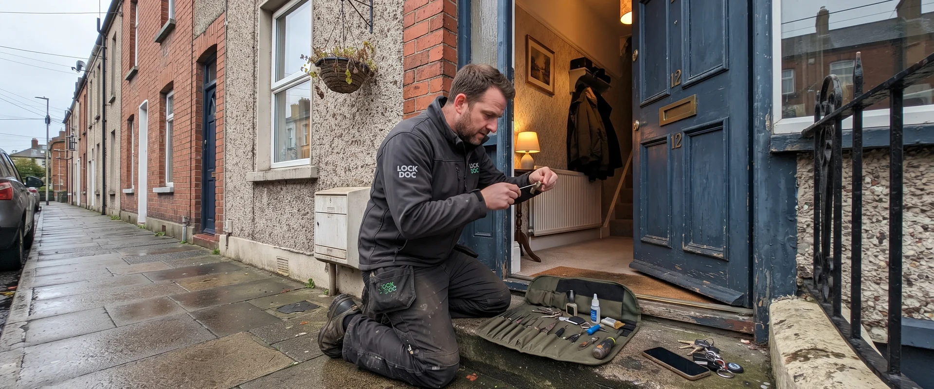 Waterford locksmith opening a front door lock at night during an emergency lockout