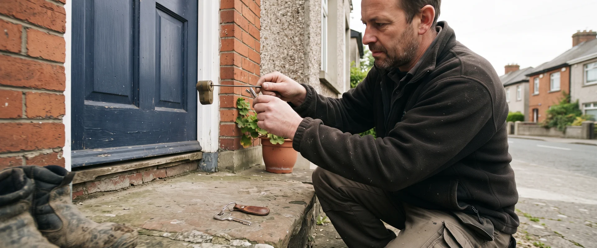 Locksmith extracting a broken key from a front door cylinder in Waterford