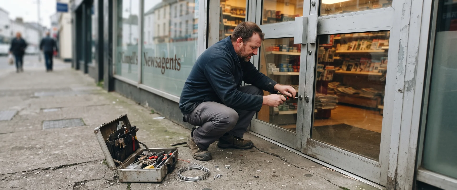 Commercial locksmith working on a Waterford shopfront door lock