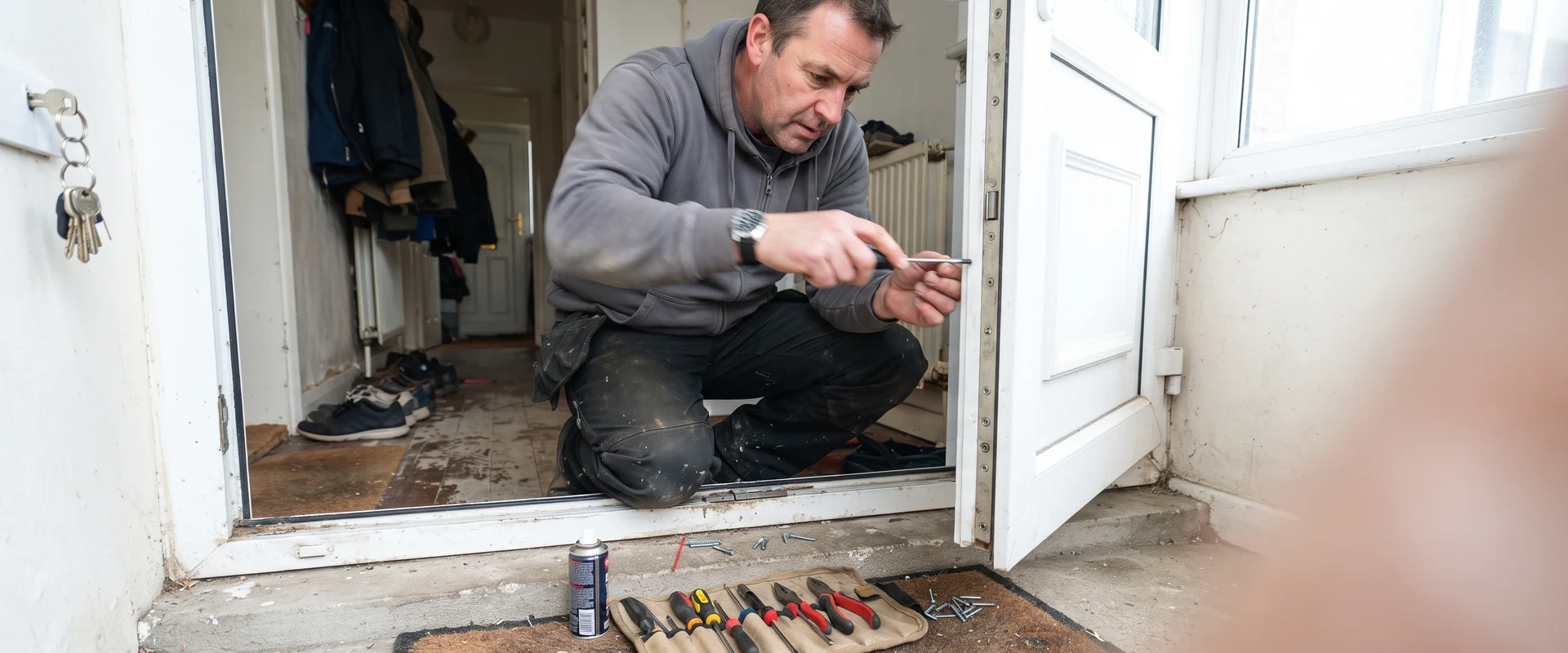 Locksmith repairing a UPVC door multi-point locking mechanism in Waterford