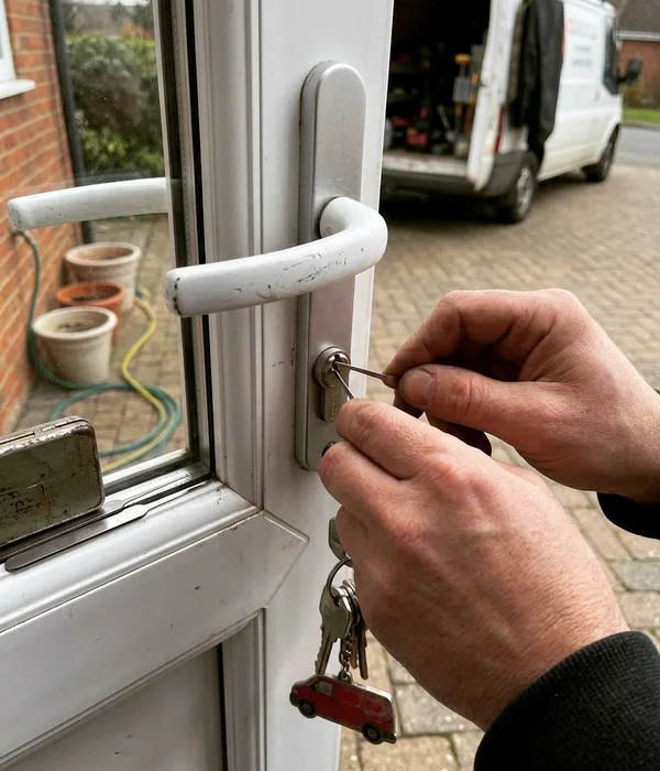 Close-up of non-destructive entry tools on a UPVC door cylinder