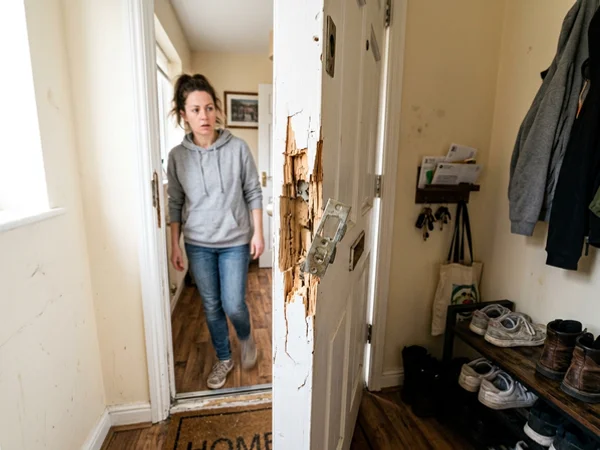 Splintered door frame after forced entry