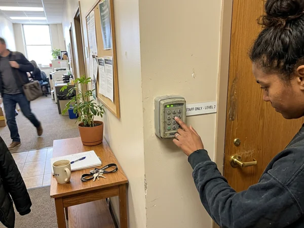 Keypad access control fitted to an office door