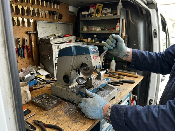 Car key being cut in the locksmith's van