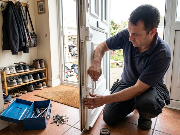Hinge adjustment to correct a dropped UPVC door