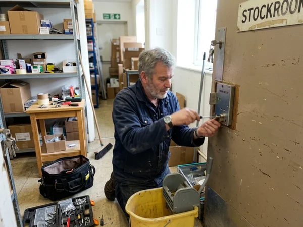 Commercial-grade lock fitted to a stockroom door