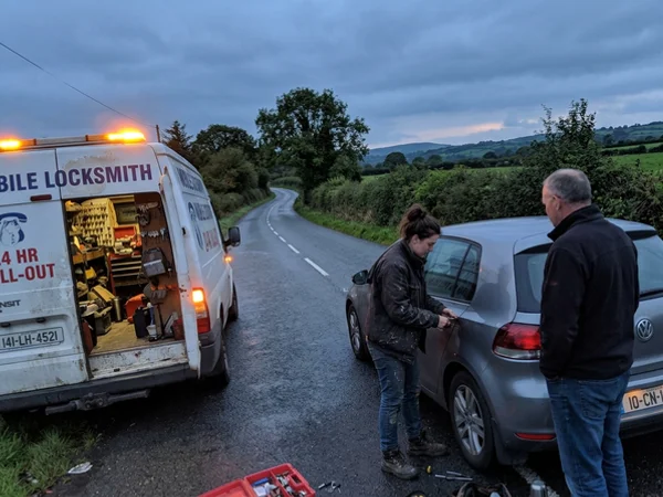 Mobile auto locksmith attending a roadside car lockout