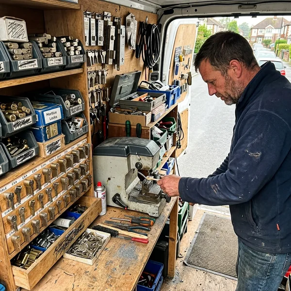 Stocked locksmith van with cylinders, locks and key-cutting equipment