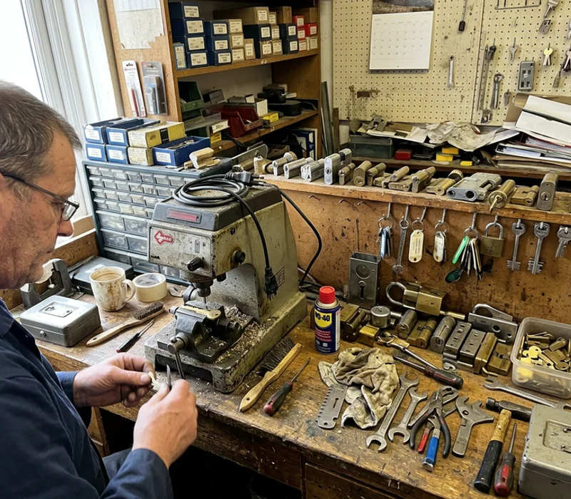 Locksmith workbench with cylinders, mortice locks and a key-cutting machine